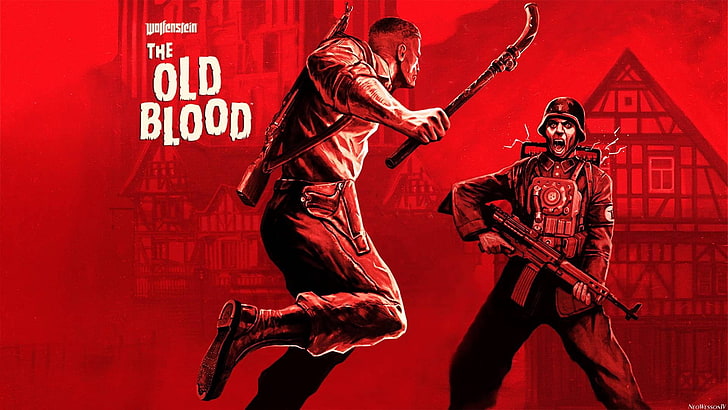 Fondo de pantalla digital de The Old Blood, videojuegos, Wolfenstein: The Old Blood, Wolfenstein, rojo, nazi, soldado, arte digital, Fondo de pantalla HD