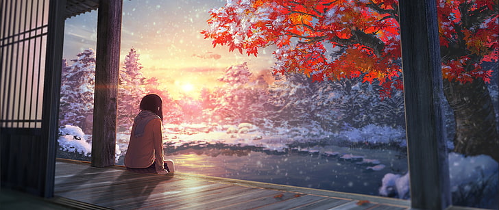 فتاة تجلس على أرضية خشبية بنية ، ورق جدران بطابع أنيمي ، واسع للغاية ، اليابان ، عمل فني ، ثلج ، ضوء الشمس، خلفية HD