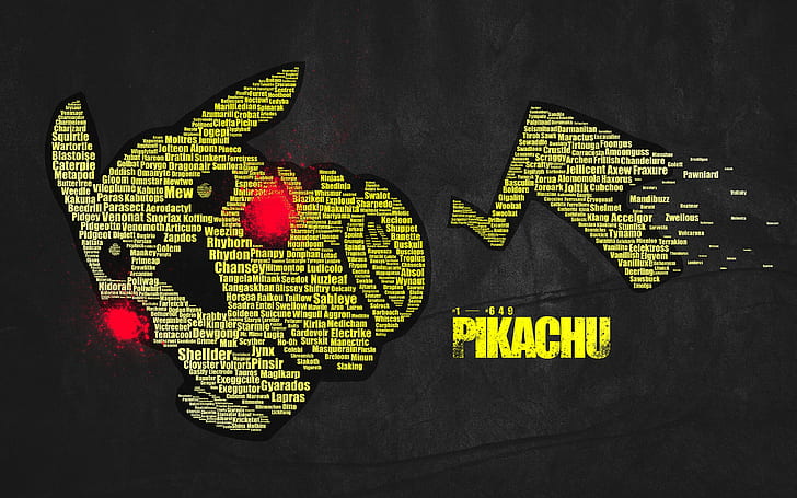 Pikachu, aşk, kelime bulutları, Pokémon, tipografik portreler, HD masaüstü duvar kağıdı