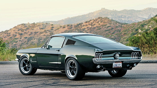 Ford Mustang vert fastback, Mustang, Ford, Route, Désert, Collines, 1967, Fastback, Fond d'écran HD HD wallpaper