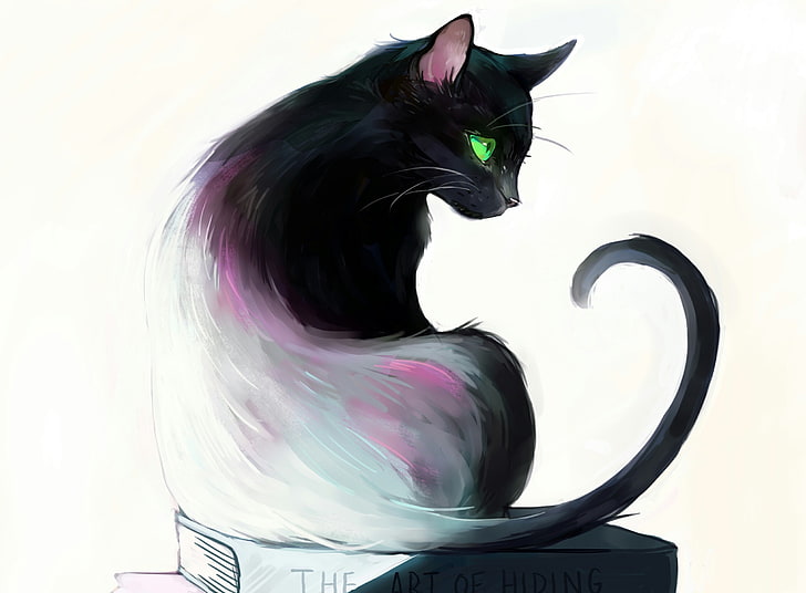 illustration de chat noir et gris, yeux, chat, livres, vert, assis, art, Picolo-kun, Fond d'écran HD