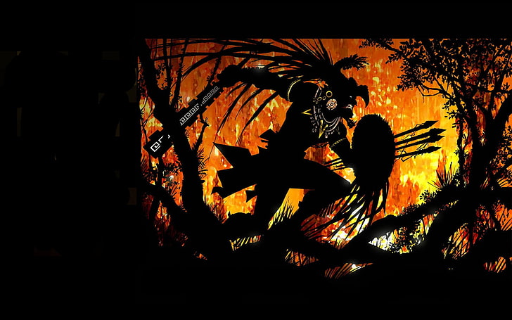 black and orange man with shield painting, hunter, fire, Aztec, warrior, HD wallpaper
