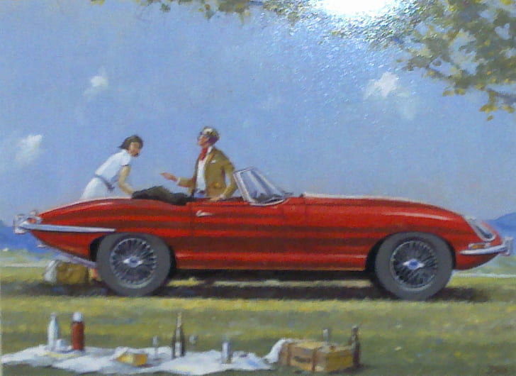 The Jag, sunny, rag top, picnic, summer, woman, jaguar, cars, HD wallpaper