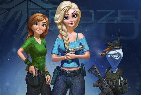 Фан-арт, Frozen (фильм), Принцесса Эльза, девушки с оружием, Олаф, Принцесса Анна, HD обои HD wallpaper
