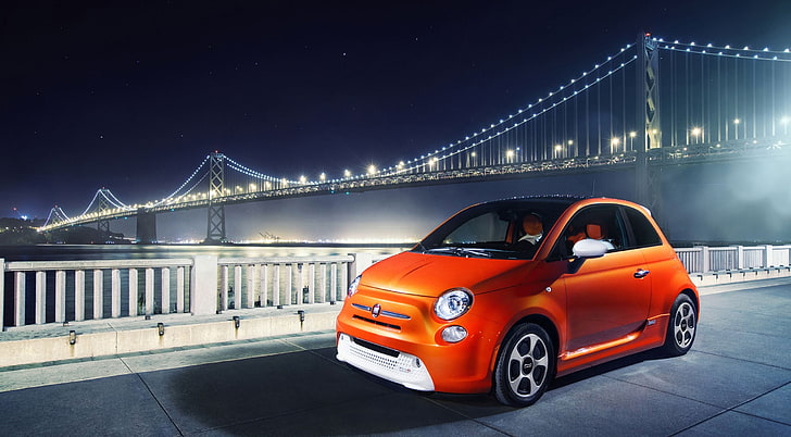 2014 Fiat 500E, orange 3-door hatchback, Cars, Fiat, City, night scenes, 2014, 500E, HD wallpaper