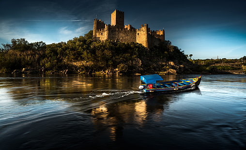 альмурол, лодки, замок, замки, города, португалия, реки, HD обои HD wallpaper