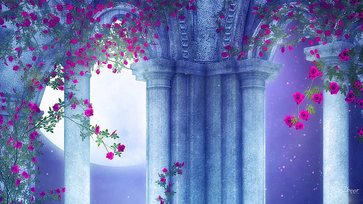 Roses Arches, firefox persona, blues, gothic, flowers, goth, spring, red roses, moon, grecian, summer, 3d and ab, HD wallpaper