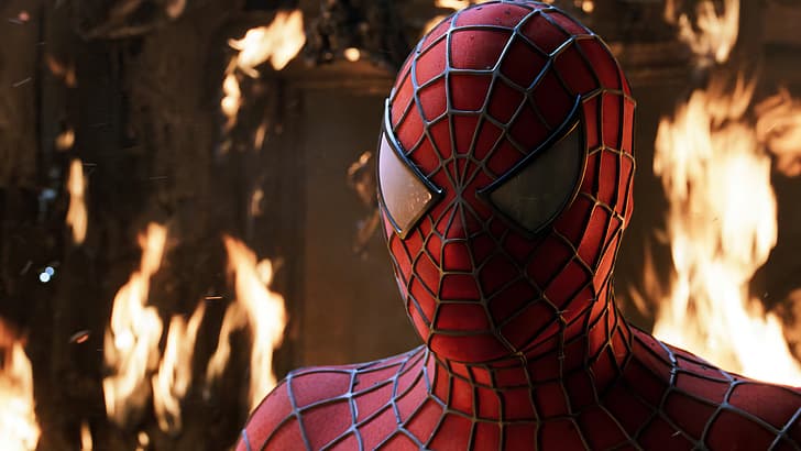 Spider-Man, superhero, fire, movies, film stills, bodysuit, mask, Tobey Maguire, HD wallpaper