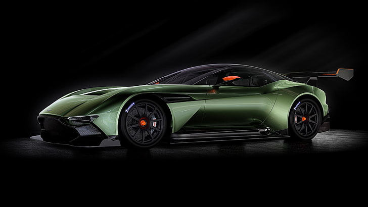 green sports car, car, Aston Martin, Aston Martin Vulcan, vehicle, spotlights, simple background, HD wallpaper