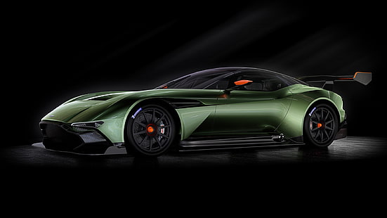 green sports car, car, Aston Martin, Aston Martin Vulcan, vehicle, spotlights, simple background, HD wallpaper HD wallpaper
