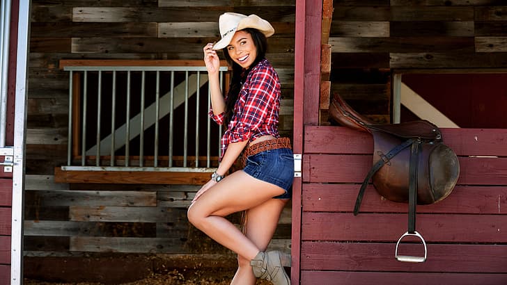 ass, girl, joy, face, pose, smile, sweetheart, feet, passion, woman, model, shorts, shoes, makeup, figure, slim, lips, beauty, braids, buttocks, shirt, legs, sponge, sexy, beautiful, saddle, hip, posing, pretty, smiling, leaned, female, the barn, cellular, hips, thighs, stable, pigtails, white hat, shapely, sponges, checkered, stall, Briana Ashley, in the box, HD wallpaper