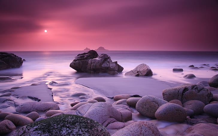 Porth Nanven, lila, stenar, marinmålning, solnedgång, sol, vatten, HD tapet
