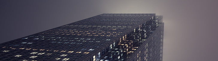 gray concrete building, dual monitors, multiple display, skyscraper, lights, mist, London, HD wallpaper