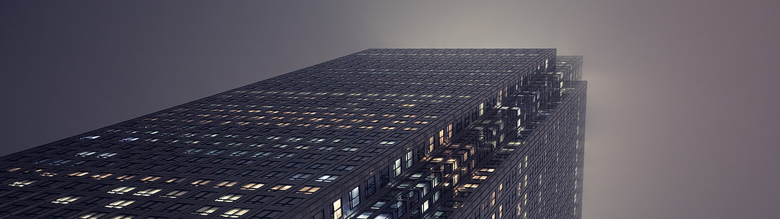 bâtiment en béton gris, deux écrans, affichage multiple, gratte-ciel, lumières, brouillard, Londres, Fond d'écran HD HD wallpaper