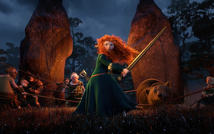 Disney Brave Merida, cartoon, Scotland, bear, warrior, Archer, Disney, Pixar, Princess, red hair, the movie, film, redhead girl, Brave heart, Brave, Merida, the Scots, dolmens, HD wallpaper