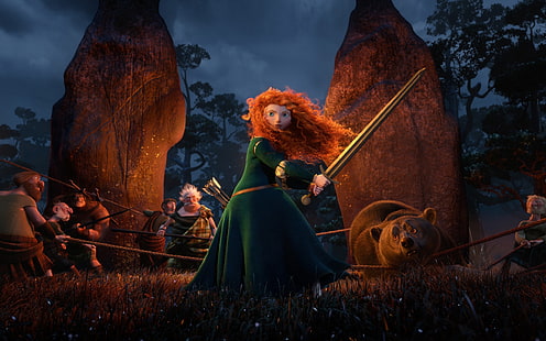 Disney Brave Merida, cartoon, Scotland, bear, warrior, Archer, Disney, Pixar, Princess, red hair, the movie, film, redhead girl, Brave heart, Brave, Merida, the Scots, dolmens, HD wallpaper HD wallpaper