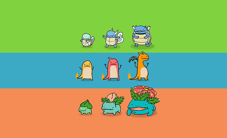 Bulbasaur, Charmander y Squirtle, variados personajes de Pokémon, Divertido, Fondo, Evolución, Bulbasaur, Charmander, Squirtle, Fondo de pantalla HD