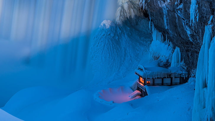 maison brune et blanche, Niagara Falls, cascade, froid, glace, hiver, neige, Fond d'écran HD