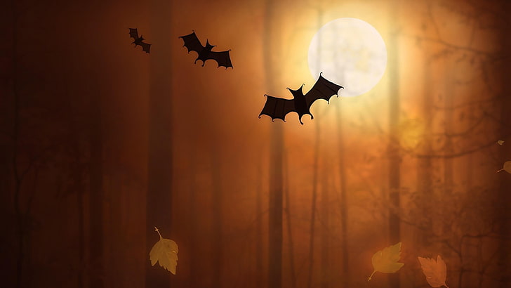 Halloween, chauves-souris, lune, pleine lune, feuilles, clair de lune, clair de lune, Fond d'écran HD