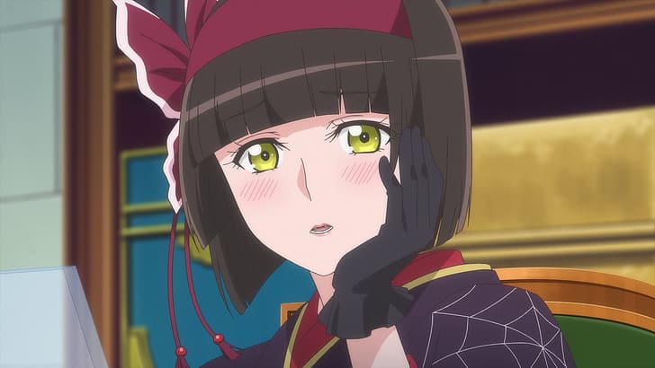 Tsukimichi: Moonlit Fantasy, Mio (Tsukimichi: Moonlit Fantasy), Anime-Screenshot, grüne Augen, dunkles Haar, Anime-Mädchen, Erröten, Hand auf Gesicht, HD-Hintergrundbild