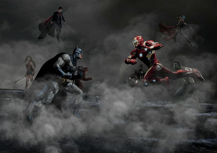liga da justiça, vingadores, trabalho artístico, artista, deviantart, batman, flash, super-homem, mulher maravilha, homem de ferro, hulk, capitão américa, thor, super-heróis, HD papel de parede