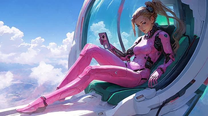 Eugen Ich, drawing, ponytail, pink, phone, capsule, HD wallpaper