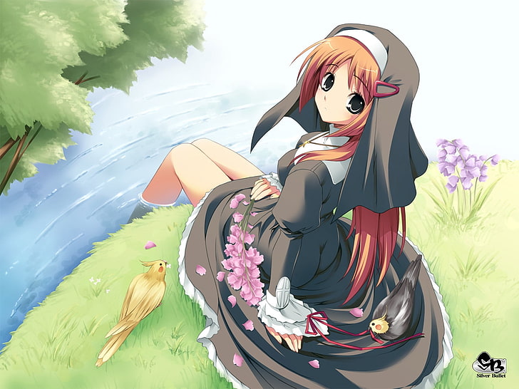 brown-haired female nun anime character, silver bullet, girl, birds, flowers, water, HD wallpaper