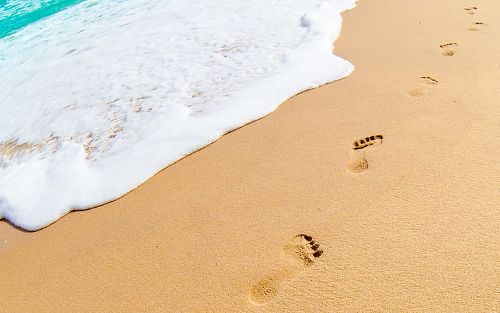Fotspår i sanden, brun sand, fotspår, sand, hav, HD tapet