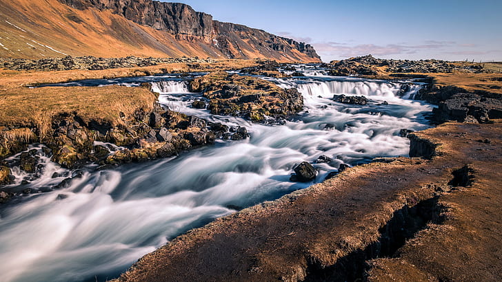 река в сухи земи, Исландия, Исландия, Фос, водопад, Исландия, Пейзажна фотография, река, сухо, пътуване, фотография на природата, на открито, вода, Европа, геомаркирани, облаци, Южен регион, природа, пейзаж, живопис, на открито, планина, HD тапет