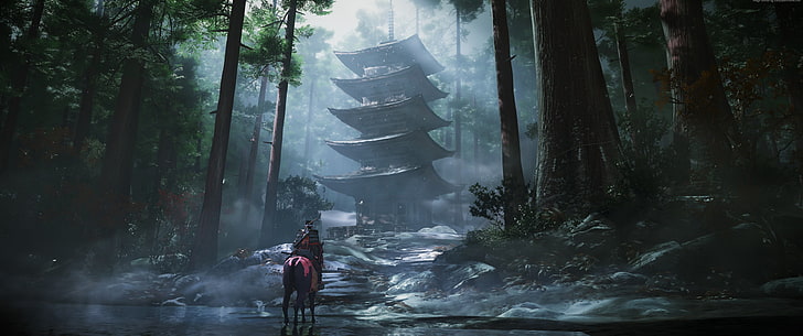 видеоигры, видеоигра Арт, башня, конь, самурай, призрак Цусима, ультраширокий, ультраширокий, HD обои