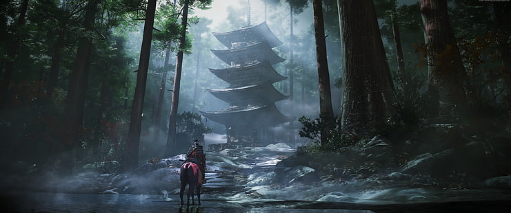 gry wideo, Video Game Art, wieża, koń, samuraj, Ghost of Tsushima, ultrawide, ultra-wide, Tapety HD HD wallpaper
