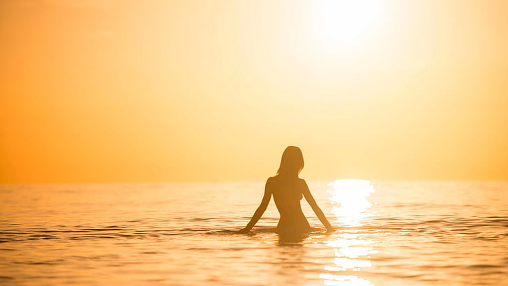 siluet wanita, laut, matahari terbenam, wanita, siluet, Wallpaper HD
