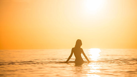 siluett av kvinna, hav, solnedgång, kvinnor, siluett, HD tapet HD wallpaper