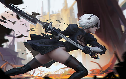 gray-haired girl character holding spear wallpaper, Nier: Automata, 2B (Nier: Automata), thigh-highs, NieR, HD wallpaper HD wallpaper