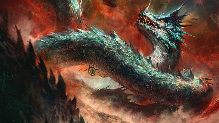 fondo de pantalla de dragón azul y gris, dragón, obra de arte, arte digital, criatura, arte de fantasía, Fondo de pantalla HD