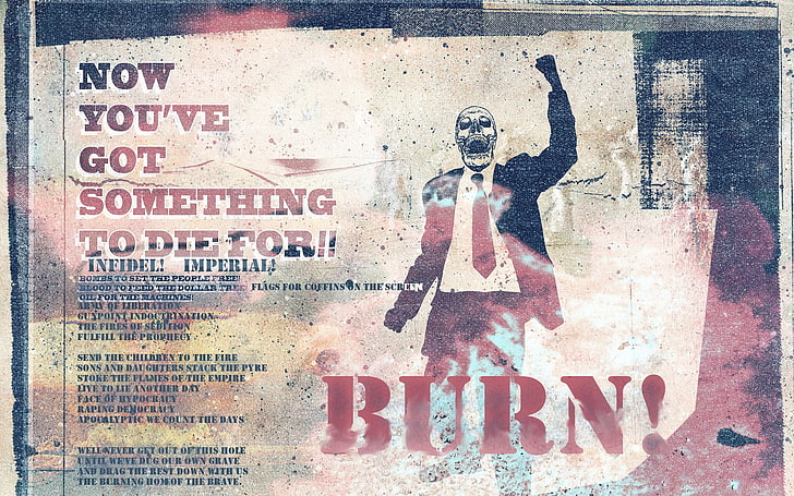 Burn album wallpaper, Lamb of God, war, burning, burn, wall, graffiti, skull, digital art, text, tie, HD wallpaper