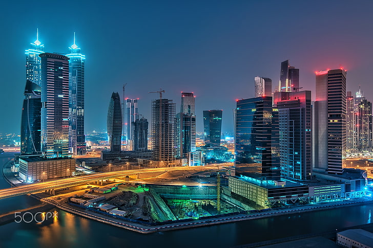 paesaggio urbano, notte, luci, 500px, filigrana, Dubai, Sfondo HD