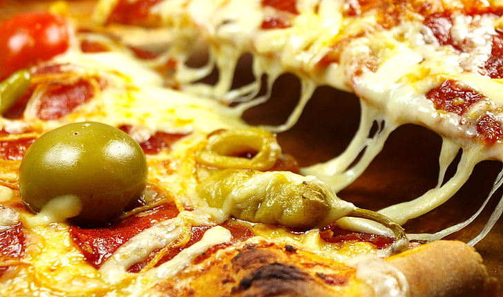 geschnittene pizza, pizza, oliven, käse, gemüse, stück, HD-Hintergrundbild