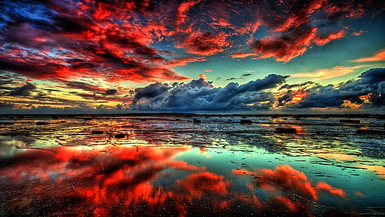 Quellwolken, Landschaft, Wasser, Natur, HDR, Himmel, Wolken, Sonnenlicht, HD-Hintergrundbild HD wallpaper