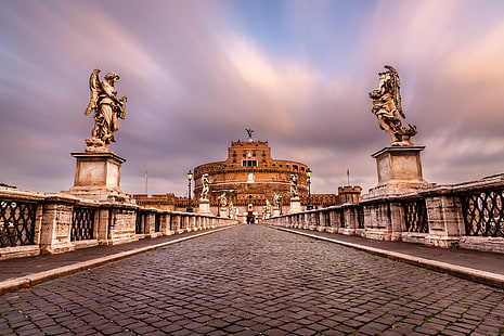 pavers, Roma, Italia, patung, Castel Sant'angelo, Sant'Angelo Bridge, Mausoleum Hadrian, Ponte Sant'angelo, Wallpaper HD HD wallpaper