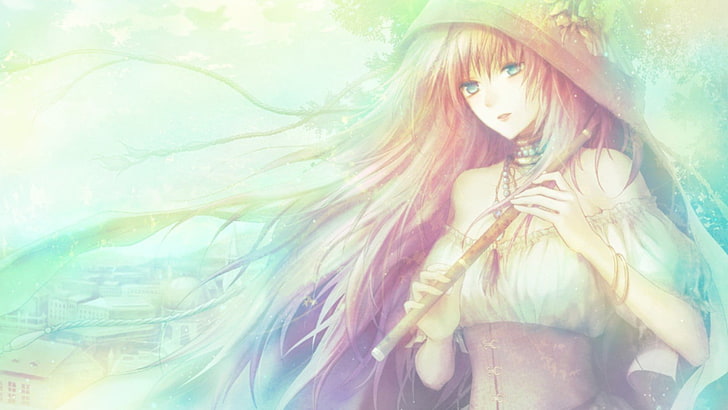 Anime Mädchen Charakter trägt Kopfschmuck und spielt Flöte digitale Tapete, Anime, Anime Mädchen, Fantasy-Mädchen, HD-Hintergrundbild