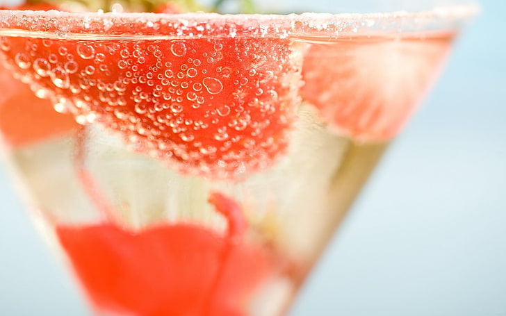 strawberry juice, drink, cocktails, macro, drinking glass, HD wallpaper