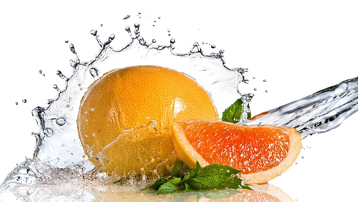 rund orange frukt, grapefrukt, vatten, segment, mynta, HD tapet