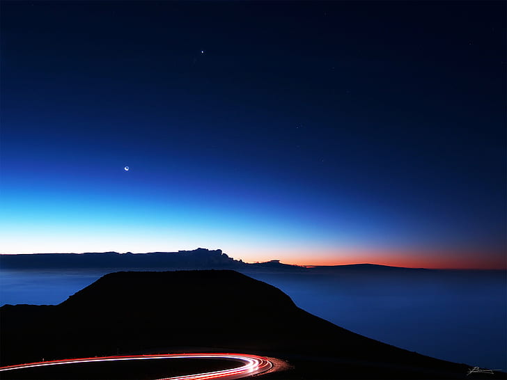 time lapse photo of streets at night, time lapse, photo, streets, at night, haleakala, maui  hawaii, summit  mountain, crater, eruption, volcano, peak  national  park, park  house, sun, night  sky, sea, clouds, road, lights, cars, trail, light, trails, astronomy, altitude, thin  air, clean  clear, atmosphere, morning, horizon, moon, stars, cold  wind, wind  break, day, long  exposure, outdoors, nature, winter, south  pacific, pacific  island, up, dex, paul, night, HD wallpaper