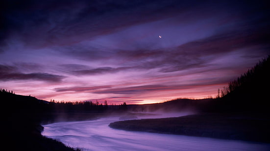 Река Мадисън Йелоустоун Парк през нощта, река, луна, мъгла, нощ, природа и пейзажи, HD тапет HD wallpaper