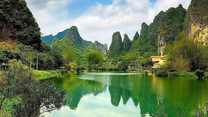 Китай, скала, гора, езеро, пейзаж, варовик, планина, природа, отражение, храсти, дървета, вода, HD тапет