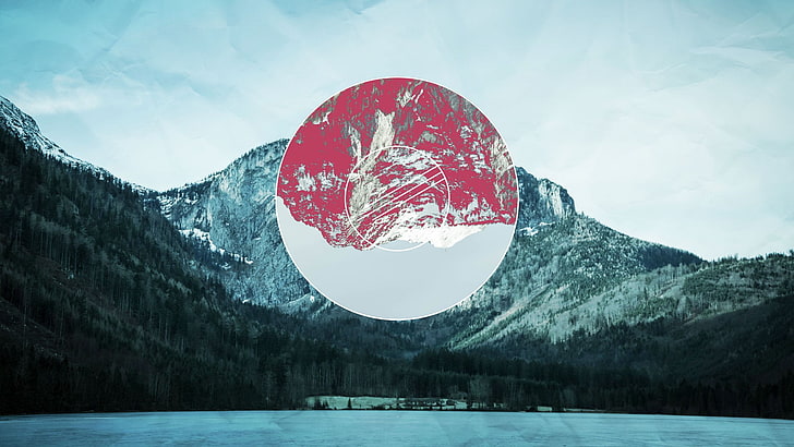 corpo de água ao lado da paisagem de montanha, natureza, montanhas, círculo, lago, arte digital, HD papel de parede
