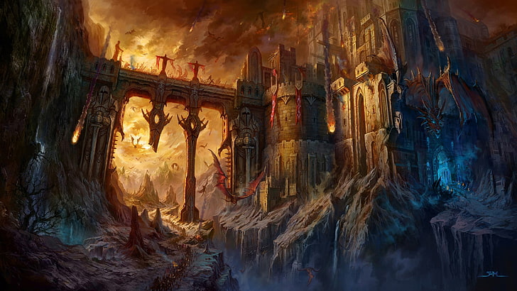 dragões voando perto do castelo e ponte cartaz dragão arte da fantasia, HD papel de parede