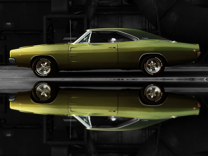grünes Muscle Cabrio Coupé, Dodge, Dodge Charger, Muscle Cars, altes Auto, Auto, Spiegelbild, HD-Hintergrundbild