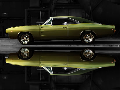 coupe convertible otot hijau, Dodge, Dodge Charger, mobil otot, mobil tua, mobil, refleksi, Wallpaper HD HD wallpaper